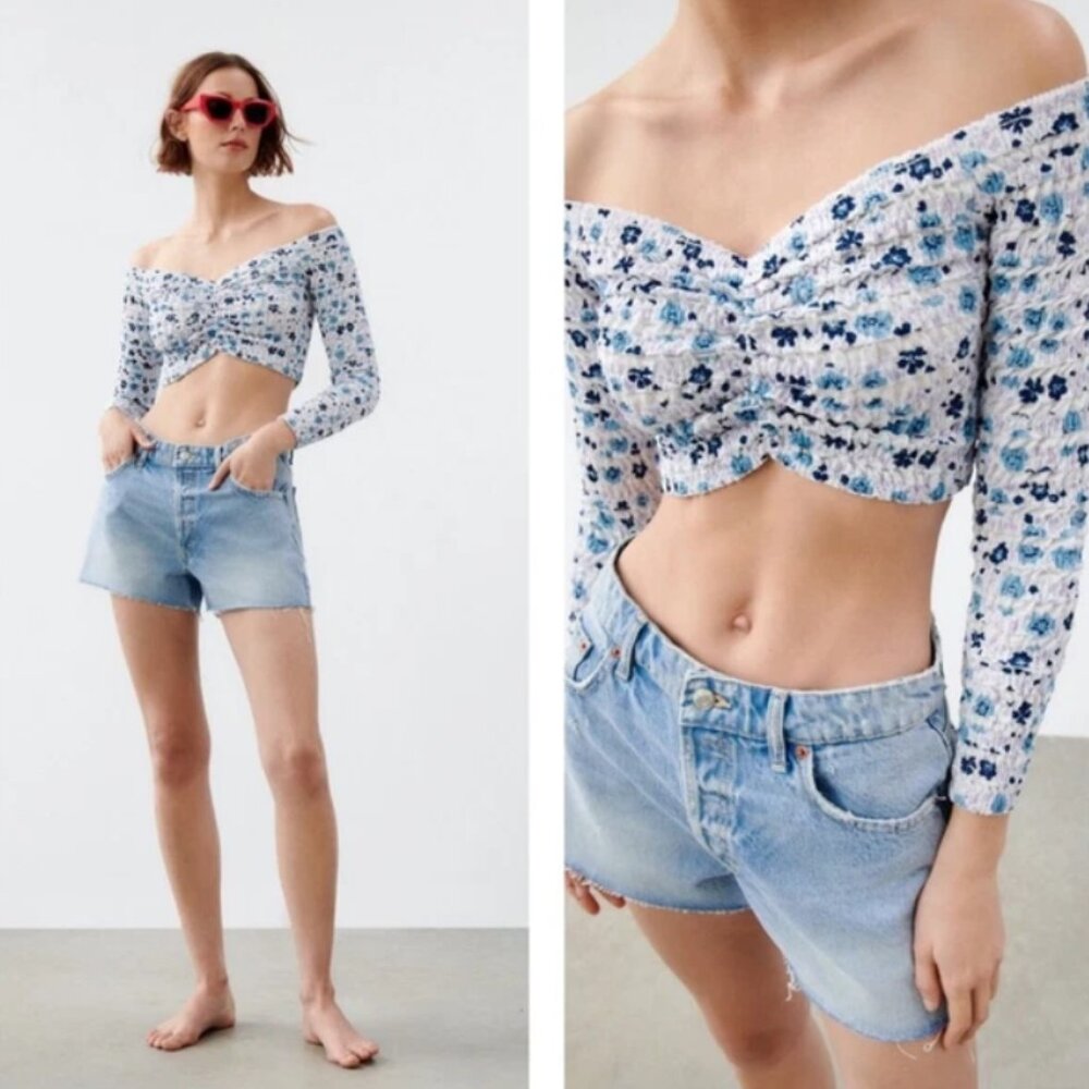 Zara Off-the-Shoulder Ruched Blue Purple White Crop Top - Size S